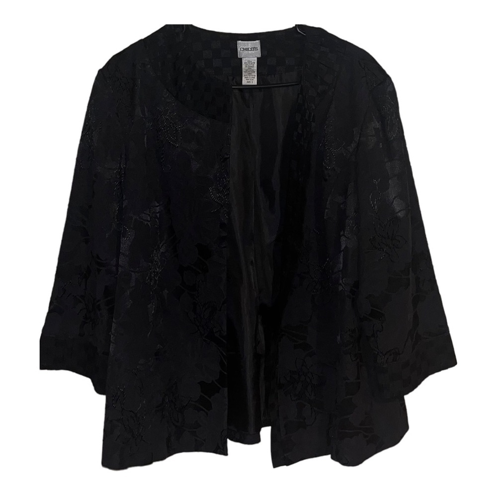 Chico’s Black Floral Blazer Juniors 3 Beautiful Casual Working Fall/ Winter
